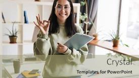  Presentation with happy young student girl holding - Amazing slide set having image-of-a-pretty-positive backdrop and a mint green colored foreground
