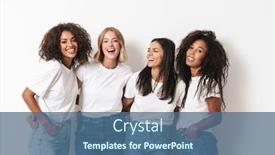  Presentation with friends - Amazing theme having image of a pretty smiling cheery young women multiracial friends posing isolated over white wall background backdrop and a ocean colored foreground