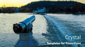  Presentation with railing - Amazing PPT theme having image-of-a-public-telescope backdrop and a ocean colored foreground