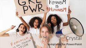  Presentation with happy image - Slide deck with image of a screaming happy positive young women multiracial friends posing isolated over white wall background holding blank with girl power text and loudspeaker background and a coral colored foreground