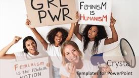  Presentation with happy image - Colorful PPT theme enhanced with image of a screaming happy positive young women multiracial friends posing isolated over white wall background holding blank with girl power text and loudspeaker backdrop and a soft green colored foreground