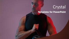  Presentation with boxer - Presentation theme enhanced with image of a serious strong young sports man boxer posing isolated over neon lights in gloves background and a gray colored foreground
