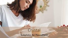  Presentation with reading table - PPT theme enhanced with image-of-a-serious-young background and a coral colored foreground