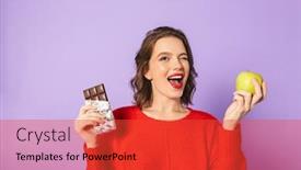  Presentation with purple wall - Presentation theme consisting of image of a shocked emotional young woman posing isolated over purple background wall holding chocolate and apple background and a red colored foreground