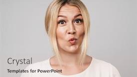  Presentation with basic - PPT theme having image of a shocked surprised happy beautiful young amazing blonde woman posing isolated over grey wall background dressed in basic white t-shirt background and a lemonade colored foreground