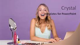  Presentation with purple wall - Presentation theme featuring image of a shocked surprised young beautiful woman posing isolated over purple wall background with laptop computer and cosmetics with mirror background and a light blue colored foreground