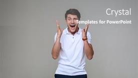  Presentation with microwave imaging image of modern - Presentation featuring image of a shocked surprised handsome young man posing isolated over grey wall background background and a gray colored foreground