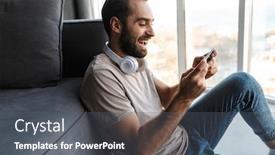  Presentation with mobile games - PPT theme having image-of-a-smiling-cheery background and a dark gray colored foreground