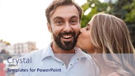  Presentation with happy image - Beautiful slide deck featuring image of a smiling happy cheery young loving couple walking by street outdoors kissing looking camera backdrop and a sky blue colored foreground