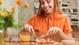  Presentation with sweet pastry - Amazing PPT theme having image of a smiling pleased young blonde girl at the kitchen eat sweet pastry have a breakfast drinking juice backdrop and a coral colored foreground