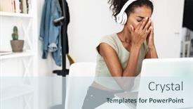  Presentation with computer music - Beautiful slides featuring image of a tired young stressed african woman sit in office using laptop computer indoors listening music with headphones backdrop and a sky blue colored foreground