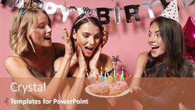 Presentation with happy birthday cake - PPT theme enhanced with image-of-a-women-friends background and a coral colored foreground