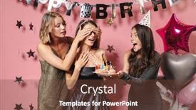  Presentation with happy birthday cake - Amazing slide set having image-of-a-women-friends backdrop and a tawny brown colored foreground