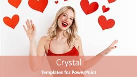  Presentation with happy image - Amazing PPT theme having image-of-a-young-blonde backdrop and a coral colored foreground