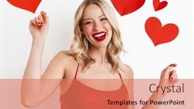  Presentation with happy image - Slide set consisting of image-of-a-young-blonde background and a coral colored foreground