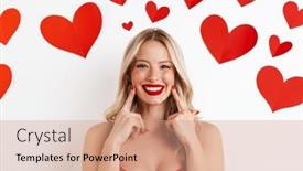  Presentation with anatomy depiction of a human red heart and ecg - PPT theme with image-of-a-young-blonde background and a coral colored foreground