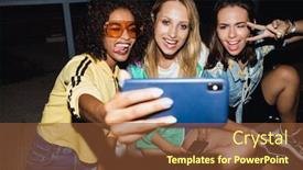 Presentation with girls night - Beautiful PPT theme featuring image of a young cheery girls friends at night on street take a selfie mobile phone backdrop and a tawny brown colored foreground