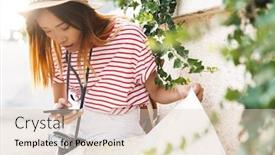  Presentation with asian map - Audience pleasing PPT layouts consisting of image of a young concentrated beautiful asian woman walking outdoors with camera holding map using mobile phone backdrop and a lemonade colored foreground