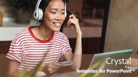  Presentation with computer music - Cool new PPT layouts with image of a young happy cheery beautiful asian woman sit in cafe using laptop computer listening music with headphones while holding passport with tickets backdrop and a tawny brown colored foreground