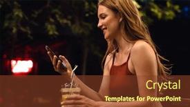  Presentation with happy image - Cool new PPT layouts with image of a young optimistic happy woman sitting in cafe outdoors drinking juice at the evening night using mobile phone backdrop and a tawny brown colored foreground