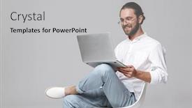  Presentation with happy image - Audience pleasing PPT theme consisting of image-of-a-young-positive backdrop and a light gray colored foreground