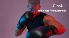  Presentation with sports - Colorful presentation enhanced with image of a young serious sports man boxer posing isolated over neon lights in gloves make boxing exercises backdrop and a gray colored foreground