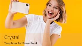  Presentation with basic - Cool new theme with image of adorable blond woman in basic t-shirt smiling and taking selfie photo on cellphone isolated over yellow background backdrop and a yellow colored foreground