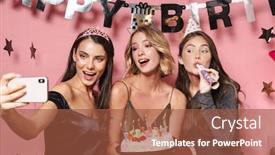 Presentation with party candles - Slide set having image of adorable party girls taking selfie photo on smartphone and holding birthday cake with candles isolated over pink background background and a red colored foreground