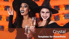 Presentation with black women - Audience pleasing slide deck consisting of image of adorable witch women in black halloween costume smiling and holding champagne glasses isolated over orange pumpkin wall backdrop and a tawny brown colored foreground