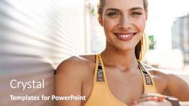  Presentation with smartwatch - Cool new PPT layouts with image of adorable woman in sportswear looking at smartwatch while walking outdoors in sunny morning backdrop and a coral colored foreground