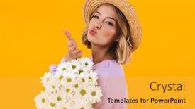  Presentation with elegant flowers - Slide set featuring image of adorable woman in elegant dress and straw hat holding flowers isolated over yellow background background and a yellow colored foreground