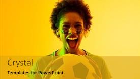  Presentation with female soccer - PPT theme having image-of-african-american-female background and a gold colored foreground