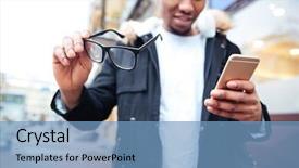  Presentation with man looking up happy - PPT theme enhanced with black cool - image of african happy man background and a teal colored foreground