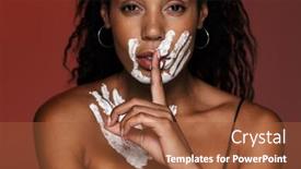 Presentation with hand print - Colorful presentation theme enhanced with image of african young woman isolated over red wall background with hand print on face and clavicles showing silence gesture backdrop and a red colored foreground