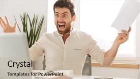  Presentation with worker - PPT theme with image of aggressive office worker background and a mint green colored foreground