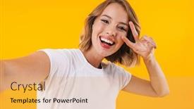  Presentation with basic - Audience pleasing PPT layouts consisting of image of alluring blond woman in basic t-shirt showing peace fingers and taking selfie photo isolated over yellow background backdrop and a yellow colored foreground
