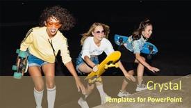  Presentation with girls night - Beautiful slides featuring image of alluring multinational girls in streetwear smiling and riding skateboards at night outdoors backdrop and a coral colored foreground