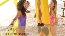  Presentation with sail - Slide set with image of alluring multinational women in swimsuits holding surfboard and sail while smiling on summer beach background and a coral colored foreground
