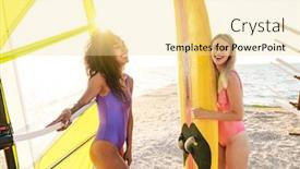  Presentation with sail - Audience pleasing slide set consisting of image of alluring multinational women in swimsuits holding surfboard and sail while laughing on summer beach backdrop and a blonde colored foreground