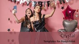  Presentation with pink birthday - Beautiful PPT theme featuring image of alluring party girls in festive dresses taking selfie photo on smartphones while celebrating birthday isolated over pink background backdrop and a violet colored foreground