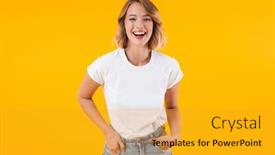  Presentation with basic - Cool new slide set with woman in basic t-shirt backdrop and a gold colored foreground