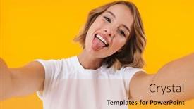  Presentation with basic - PPT theme featuring image of amazed blond woman in basic t-shirt sticking out her tongue and taking selfie photo isolated over yellow background background and a coral colored foreground