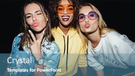  Presentation with girls night - Theme with image of amazed multinational girls in streetwear smiling and holding skateboards at night walk outdoors background and a teal colored foreground