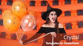  Presentation with black girl - PPT theme featuring image of amazed witch girl in black halloween costume holding balloons with spider web isolated over orange pumpkin wall background and a red colored foreground