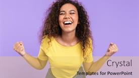  Presentation with african violet - Presentation design with image of amazing african american woman with curly hair smiling and gesturing like winner isolated over violet background background and a yellow colored foreground