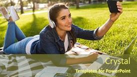  Presentation with computer music - Slides consisting of image of amazing beautiful young woman student in the park using laptop computer listening music with headphones take a selfie by phone background and a tawny brown colored foreground