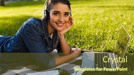  Presentation with computer music - Audience pleasing PPT theme consisting of image of amazing beautiful young woman student in the park using laptop computer listening music with headphones backdrop and a tawny brown colored foreground