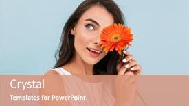  Presentation with blue flower - Amazing slides having image of amazing beautiful young woman isolated over blue background wall holding flower backdrop and a coral colored foreground