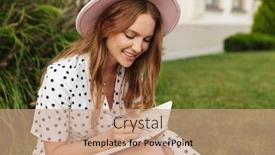  Presentation with green notebook - Slides enhanced with image of amazing happy cheerful young redhead woman sit on green grass outdoors writing notes in notebook diary background and a coral colored foreground