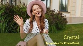 Presentation with happy image - Theme featuring image of amazing happy cheery beautiful young redhead woman sit on green grass outdoors listening music with earphones waving background and a tawny brown colored foreground